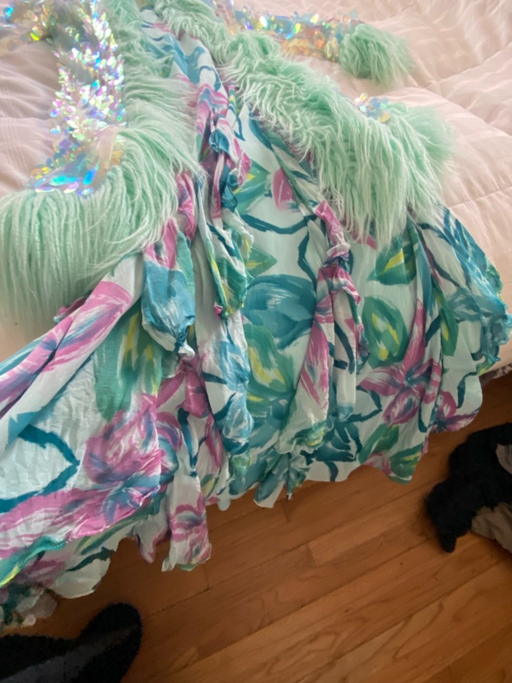 Mint Sequin & Faux Fur Statement Coat and matching dress with rhinestone on top. - Picture 2 of 5